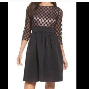 Eliza J black mesh bodice fit & flare polka dot sheer sleeve dress Size 10